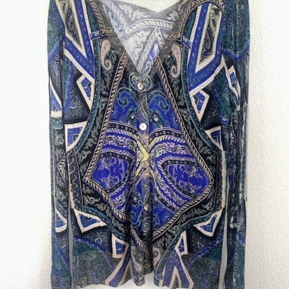 CHICOS Womens CARDIGAN Sweater‎ Long Sleeve BLUE Green PAISLEY Size 2 (L/12) - Picture 2 of 5